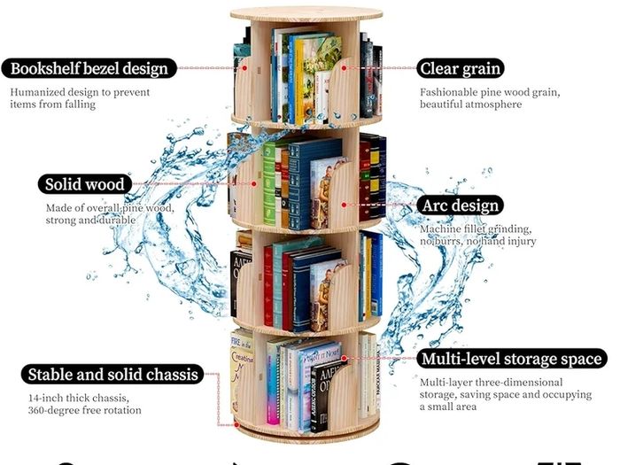 Rotating 360 Hexagonal Children's Bookcase  Tall Floor Standing Corner Book Shelf Storage Rack for Home Living Room Office (4 Tier)