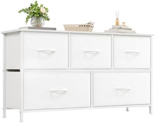 Chest of Drawers with 5 Drawers, Wide Storage Organiser Fabric Dresser for Living Room TV Stand Bedroom Closet Nursery Bedside Entryway Hallway, White Leather