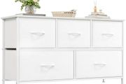 Chest of Drawers with 5 Drawers, Wide Storage Organiser Fabric Dresser for Living Room TV Stand Bedroom Closet Nursery Bedside Entryway Hallway, White Leather