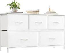 Chest of Drawers with 5 Drawers, Wide Storage Organiser Fabric Dresser for Living Room TV Stand Bedroom Closet Nursery Bedside Entryway Hallway, White Leather