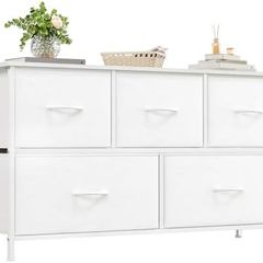 Chest of Drawers with 5 Drawers, Wide Storage Organiser Fabric Dresser for Living Room TV Stand Bedroom Closet Nursery Bedside Entryway Hallway, White Leather
