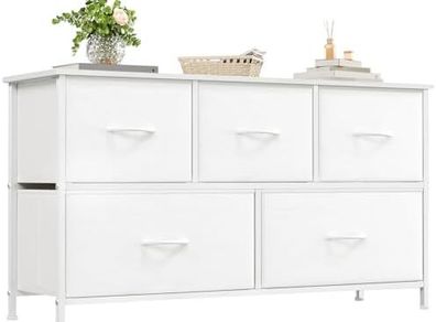 Chest of Drawers with 5 Drawers, Wide Storage Organiser Fabric Dresser for Living Room TV Stand Bedroom Closet Nursery Bedside Entryway Hallway, White Leather