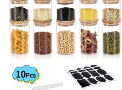 Spice Jars with Bamboo Lids Silicon Ring Air Tight Kitchen Containers for Storage Canister 10pcs