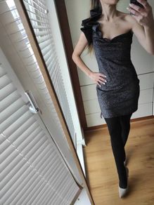 dress party beautiful, elegant, party cocktail dress with one shoulder, adorned, shiny black, silver, XS S New christmas party