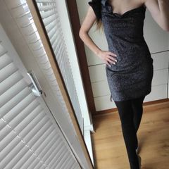 dress party beautiful, elegant, party cocktail dress with one shoulder, adorned, shiny black, silver, XS S New christmas party