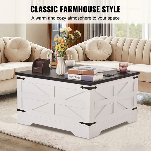 31.5 Farmhouse Coffee Table, Hinged Square Coffee Table with Large Storage Compartment, Wooden Rustic Cocktail Table for Living Room, Bedroom, Apartment, Studio, Gray & White
