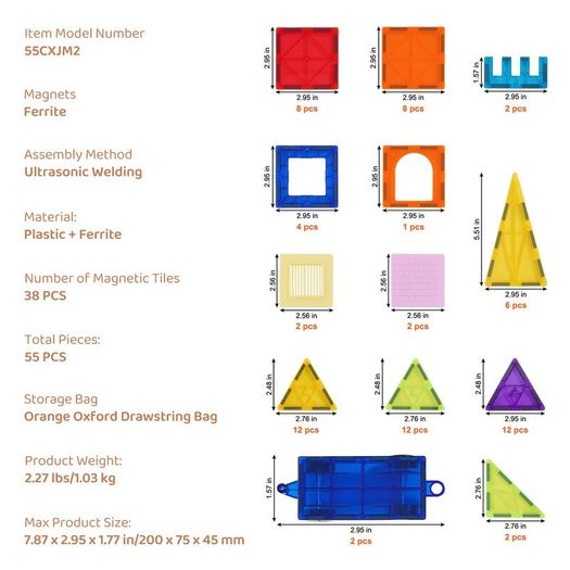 Magnetic Tiles Magnetic Building Toy 55 PCS Magnet Blocks for Kids 3D Set