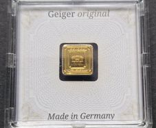Gold Bar Geiger original - 1 gram .9999 square in capsule assay