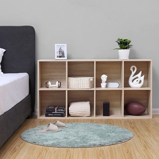 _Wooden Bookcase, 4 Tier Shelf, 8 Compartments, Wardrobe, Closet, Home, Office, Light Oak Colour
