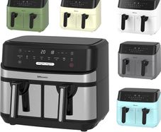 NEW SALE Dual Air Fryer Extra Large Family Size Double XL 9 Litre with 8 Pre-Set Menus for Oil Free & Low Fat Healthy Cooking, Easy Clean Metal Interior, 99-Minute Timer - Stainless Steel MULTIPLE COLOURS AVAILABLE