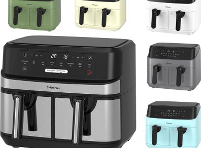 NEW SALE Dual Air Fryer Extra Large Family Size Double XL 9 Litre with 8 Pre-Set Menus for Oil Free & Low Fat Healthy Cooking, Easy Clean Metal Interior, 99-Minute Timer - Stainless Steel MULTIPLE COLOURS AVAILABLE