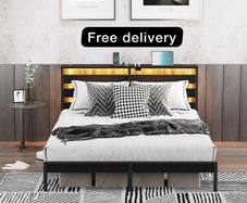 King Metal Bed Frame with USB Charging Station, LED Lights & Storage Headboard