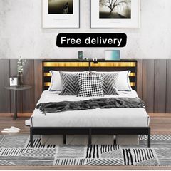 King Metal Bed Frame with USB Charging Station, LED Lights & Storage Headboard