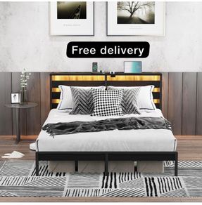 King Metal Bed Frame with USB Charging Station, LED Lights & Storage Headboard