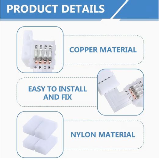 30pcs 4-Pin LED Connectors 10Mm L-Shape Solderless Connector Kit Heat Resistant RGB LED Light Strip Connectors Quick Connector Solderless Unwired for 10Mm SMD5050 Multicolour Strips Splice Extend
