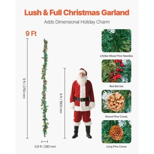 Christmas Garland, 2750mm Artificial Christmas Garland with Light String, Faux Greenery Decoration with Berry Clusters, Pine Needles, Pine Cones, Realistic Xmas Collection for Mantel Fireplace