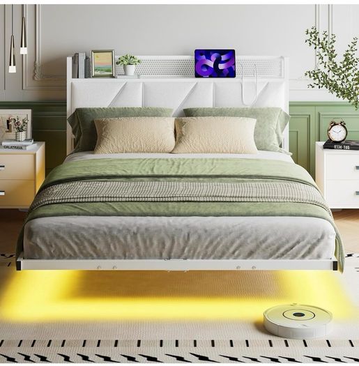 Floating Double Bed Frame with Upholstered Headboard Storage, White 135x190cm Metal Bed Frame with LED Lights & USB Charging Station, 4ft6 Platform Bed, Heavy Duty Metal Slats, Noise Free