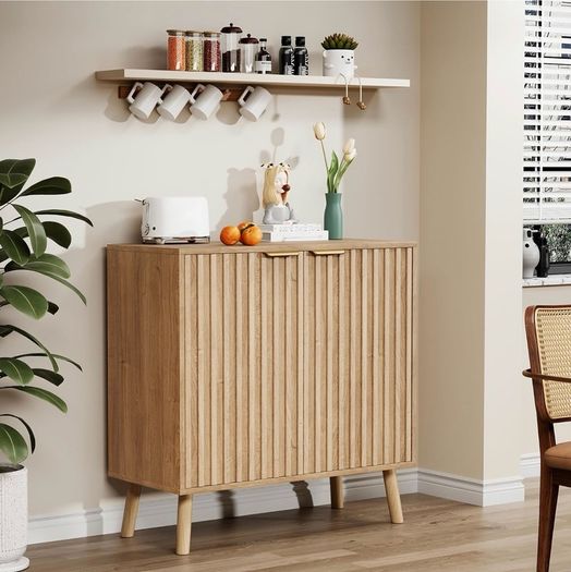 Sideboard, Buffet Storage Cabinet with Fluted Decorating, Sideboard Storage Cabinet with 2 Doors & Adjustable Shelf, Kitchen Cupboard for Living Room, Dining Room, 35 x 77 x 78 cm, Oak