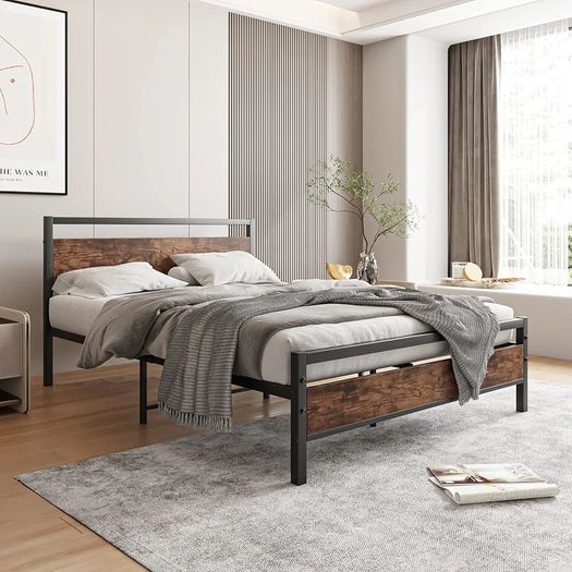 Double Bed Frame with Wooden Headboard,135x190cm,Vintage Brown Metal Platform Bed Frame Double Bed Base No Box Spring Needed,Heavy Duty Steel Slats,Underbed Storage Space,Easy to Assemble