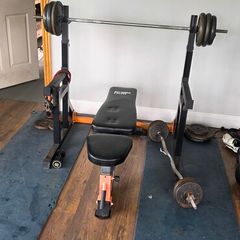 Bench , 150kg of weights barbell and dumbells set