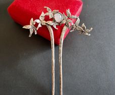 Silver Tone Orchid Hair Fork with Moonstone, Vintage Style Floral Hair Stick, Botanical Hair Pin, Bohemian Bun Holder