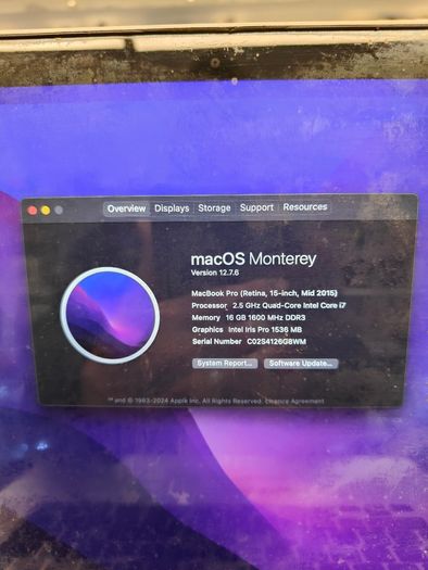 Apple MacBook Pro a1398 Retina 15.4" Mid 2015 256GB SSD 16GB Ram 2.5GHz Core i7 macOS Monterey (Battery Cycle: 845)