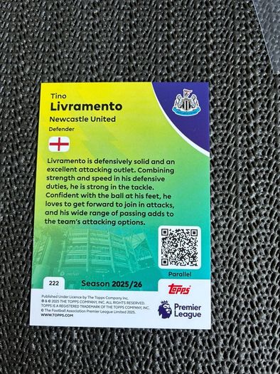 Tino Livramento 5/5 RARE Parallel Topps 2025/26 Newcastle United