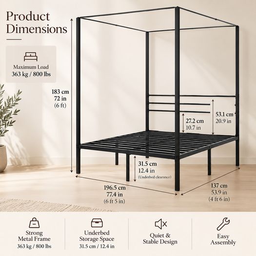 Black Metal Double Four Poster Canopy Bed Frame with Underbed Storage