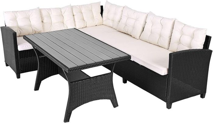 Polyrattan Corner Lounge Garden Furniture Set with WPC Dining Table  Weatherproof Outdoor Corner Sofa Seating Set for Garden, Patio or Balcony  Cream or Grey
