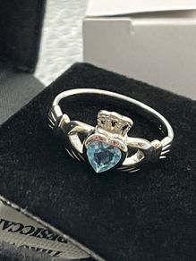 .925 Fine Claddagh Ring March Light Blue Size 6- 6 1/2.