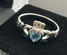 .925 Fine Claddagh Ring March Light Blue Size 6- 6 1/2.
