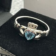 .925 Fine Claddagh Ring March Light Blue Size 6- 6 1/2.