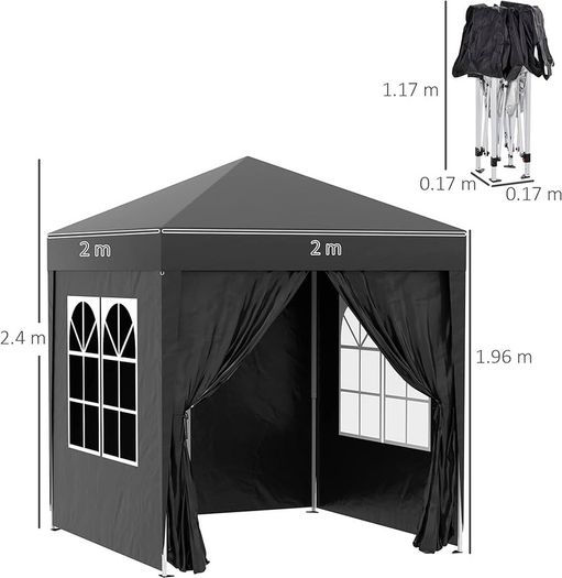 2m x 2m Garden Pop Up Gazebo Marquee Party Tent Wedding Awning Canopy New With free Carrying Case Black + Removable 2 Walls 2 Windows