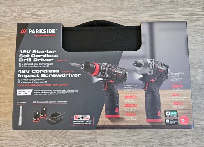 Parkside Performance 12V Cordless Brushless Impact Driver / Drill Driver / 2x Batteries / Charger And Carry Case. Indoor Outdoor Maintenance DIY Projects Garage Garden Mechanic