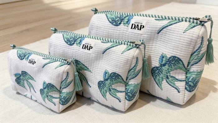 Brand New 3-Piece Hand-Block Print Quilted Cosmetic Bag Set, Nesting Travel Pouches, Cotton Toiletry Organiser