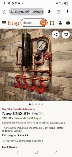 Coat Rack - Heavy Duty Industrial Copper Pipe with Vintage Gauge (Steampunk Style)