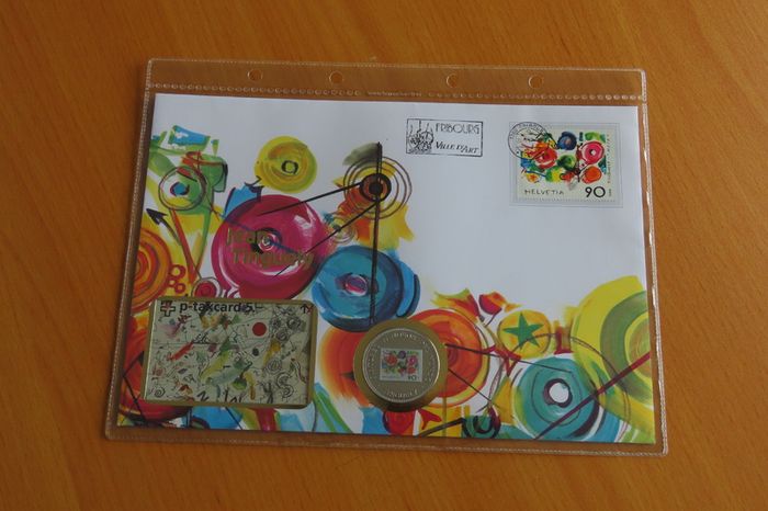 Jean Tinguely art coin & phonecard & 1988 stamp cover vintage