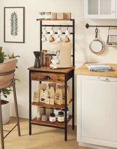 5 Tier Coffee Bar Station, Coffee Stand with Fabric Drawers, 8 S-Shaped Hooks