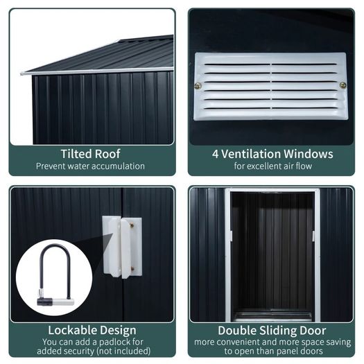 9 x 6FT Metal Shed Roofed Garden Shed Outdoor Storage Shed with Foundation Ventilation & Doors, Dark Grey (FREE POSTAGE)