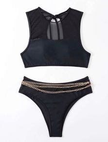 Black bikini swimsuit with golden chain XS New