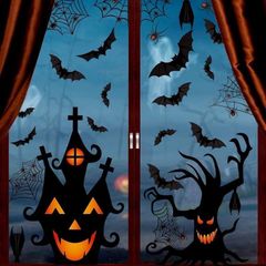 Halloween Window Clings Stickers, 7Sheet Halloween Bats Spiders Window Cling Sticker Decal for Halloween Window Decoration