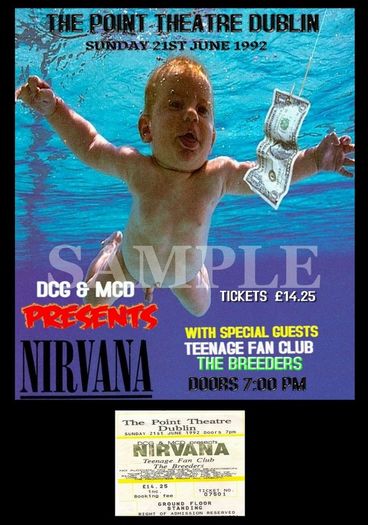 Nirvana concert poster+ticket Point Theatre Dublin Ireland 1992 A3 Size Replica Last Show In Ireland before Kurt Cobain's Death in 1994