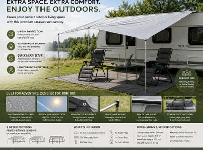 Caravan Awning Caravan Tarp 4 x 2.4 m Sun Canopy Includes Stand-up poles, UV 50+ Protection, Waterproof, 5000 mm.