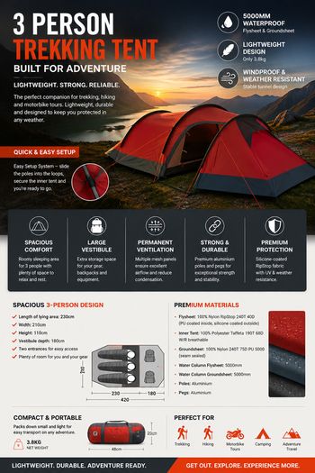 3-Person Trekking Tent Siliconized  Aluminium  Poles