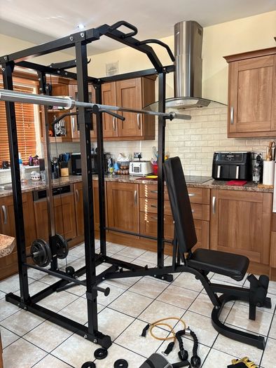 Beautiful Olympic Power Rack + Full Size Integrated Cable System, Olympic Weight, Dumbbells, Bench +
