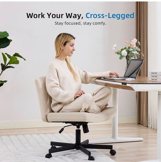 Criss Cross Wide Leg Office Chair with Casters, Comfortable Fabric Dressing Table Chair for Home Office, Armless Swivel Work Chair with 90 Tilt