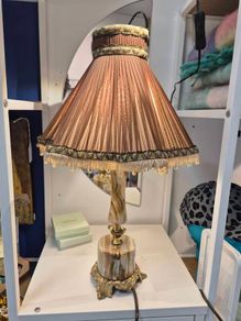 Vintage Midcentury retro antique  silk shade onyx marble Table lamp