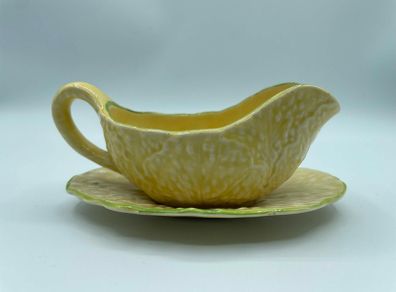 Vintage Carlton Ware Yellow Cabbage Leaf Sauce Boat Jug Underplate England