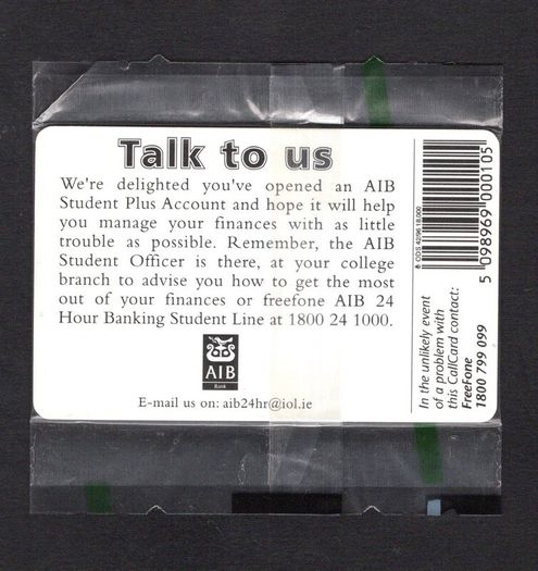 1996 Ireland 10 unit AIB "Student Plus" bank account (ODS2) Call Card New in Packaging. Telecom Eireann card number 1153