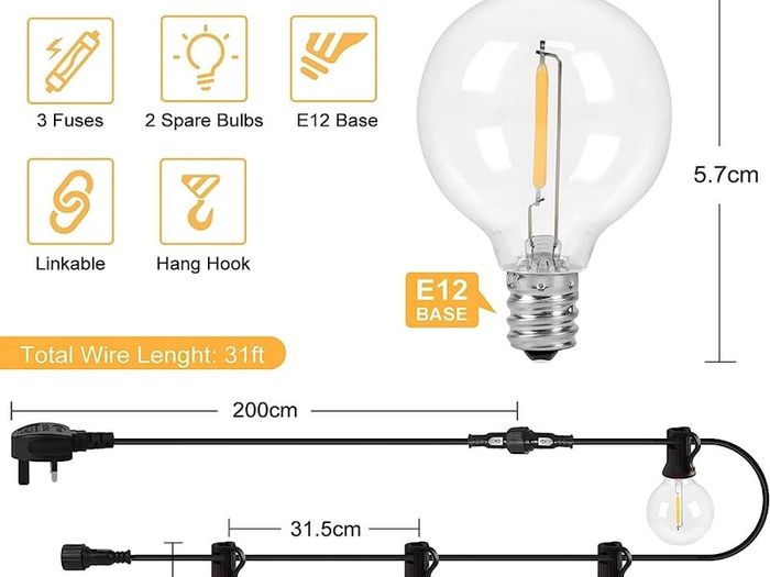 MASSIVE SALE Outdoor Lights Mains Powered, Opard 31ft Outdoor String Lights with 25+2 E12 Base G40 Plastic Bulbs Festoon Lights for Outdoor & Indoor, Garden, Patio, Party, Porch (FREE SHIPPING)